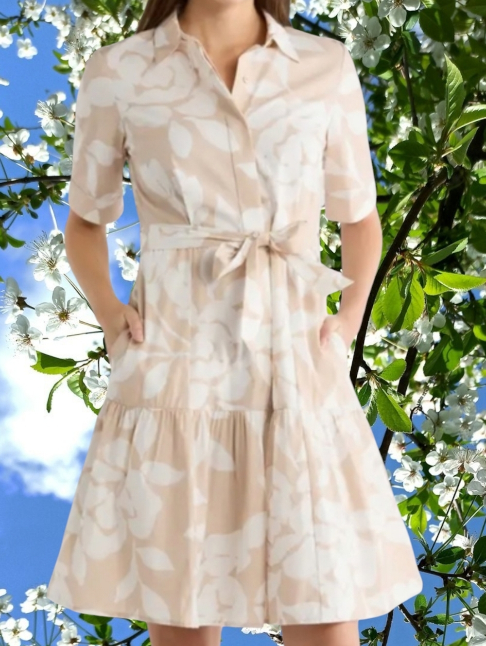 Calvin Klein Floral Short Sleeve Cotton Shirtdress. Size 12. Color Cashew/ Cream